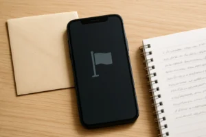 Mobiltelefon med symbol för att rapportera digitalt innehåll på ett ljust bord.