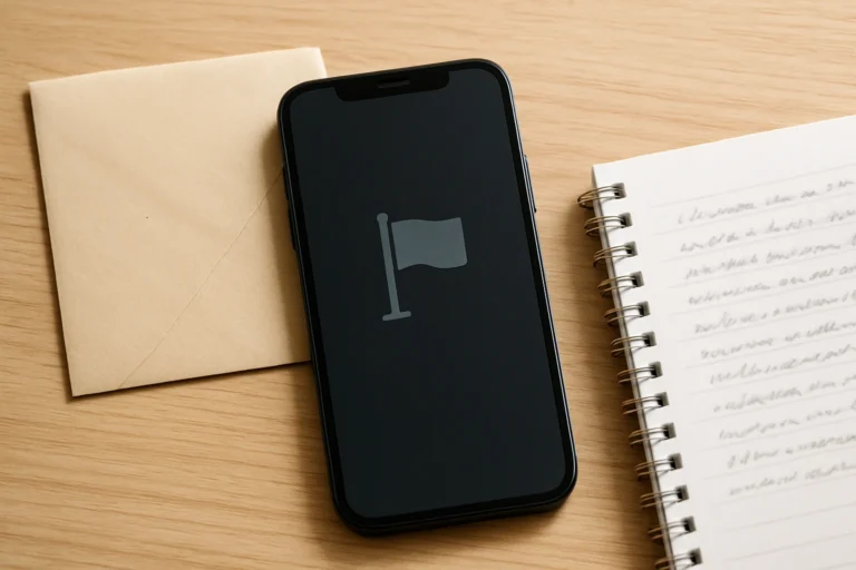 Mobiltelefon med symbol för att rapportera digitalt innehåll på ett ljust bord.