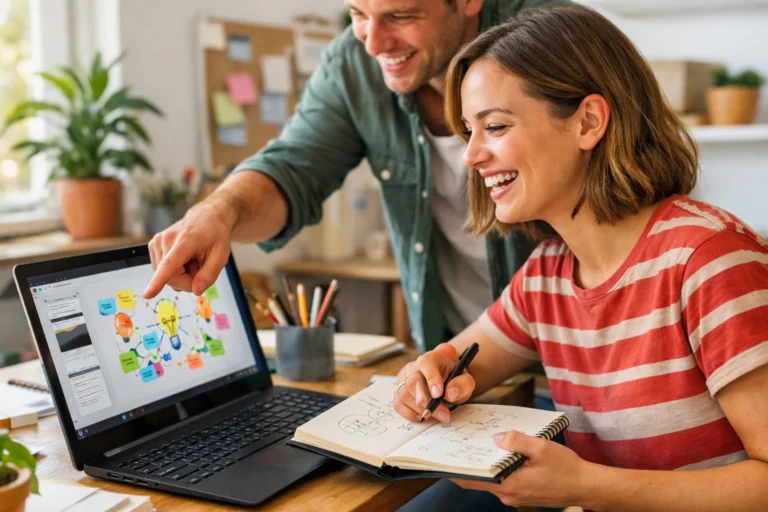 Två personer arbetar kreativt vid en laptop på ett ljust hemmakontor.
