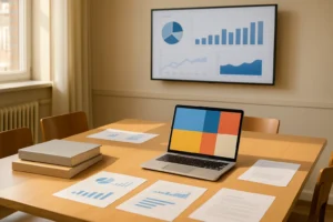 Mötesbord med arbetsmaterial, diagram och dator inför ett digitalt arbetsflöde.