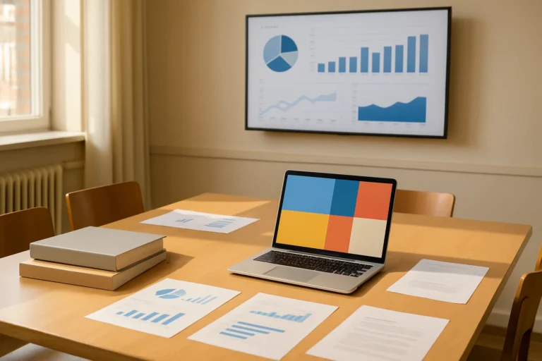 Mötesbord med arbetsmaterial, diagram och dator inför ett digitalt arbetsflöde.