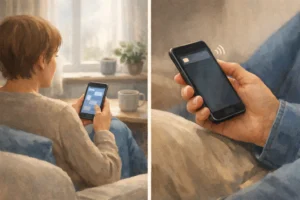 Två vuxna med varsin mobiltelefon i en lugn hemmiljö.