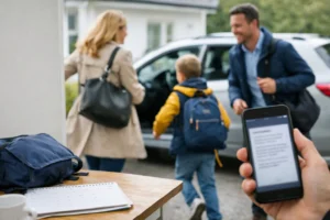 En familj planerar morgonen tillsammans vid köksbordet med hjälp av en mobiltelefon.
