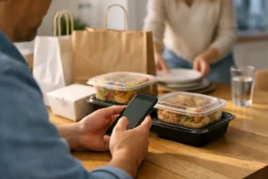 Person använder mobilen för att ordna mat till en middag hemma.