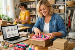 Småföretagare packar produkter bredvid en laptop med en nätbutik under uppbyggnad.