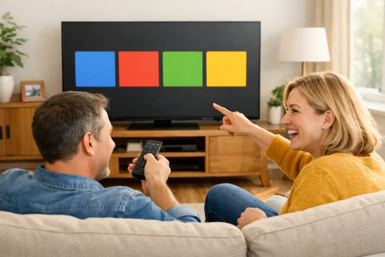 Två personer provar en fjärrkontroll framför en tv med en avskalad startskärm.