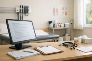 Läkare och patient samtalar vid en dator i ett undersökningsrum.
