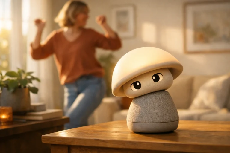 Illustration av en svampformad robotlampa bredvid en person som dansar i vardagsrummet.
