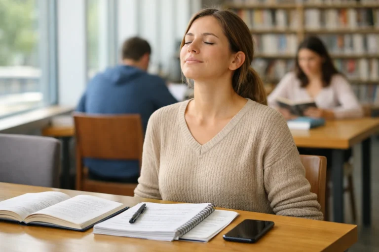 Student tar en kort paus vid ett biblioteksbord med kursanteckningar och mobiltelefon.