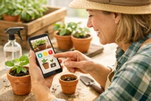 Hobbyodlare provar en mobilapp vid ett bord med sticklingar.