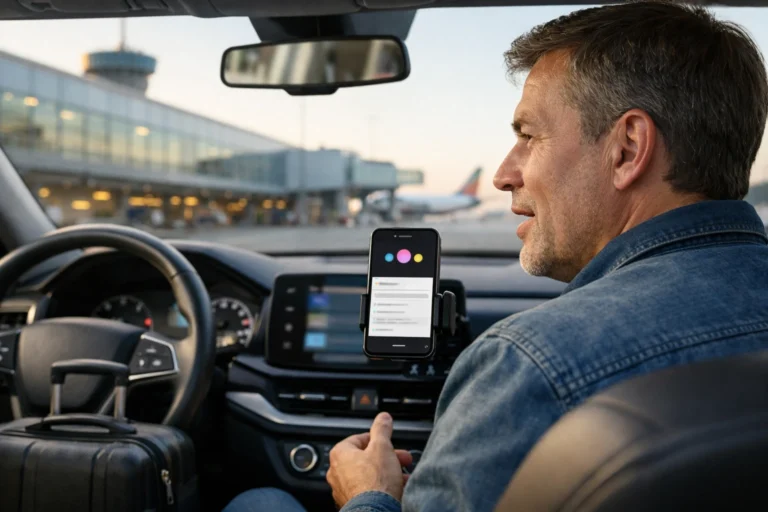 En förare talar i en parkerad bil utanför en flygplatsterminal.