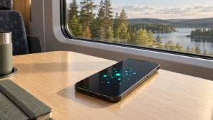Lokal AI i mobilen illustrerad med en smartphone på ett tågbord och nordiskt landskap utanför fönstret.