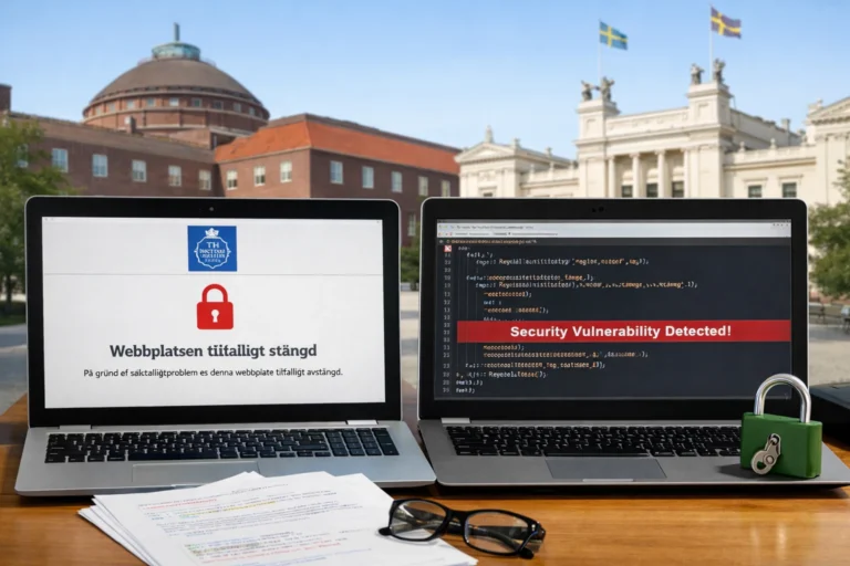 Student med mobiltelefon utanför en universitetsbyggnad i höstljus.