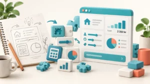 Illustration av en appidé som blir ett eget digitalt verktyg med AI, reglage och en enkel kalkyl.