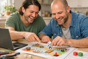 Två vänner testar en handritad spelidé med pappersfigurer vid ett köksbord.